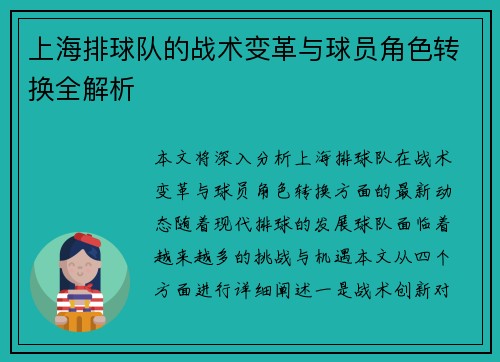 上海排球队的战术变革与球员角色转换全解析